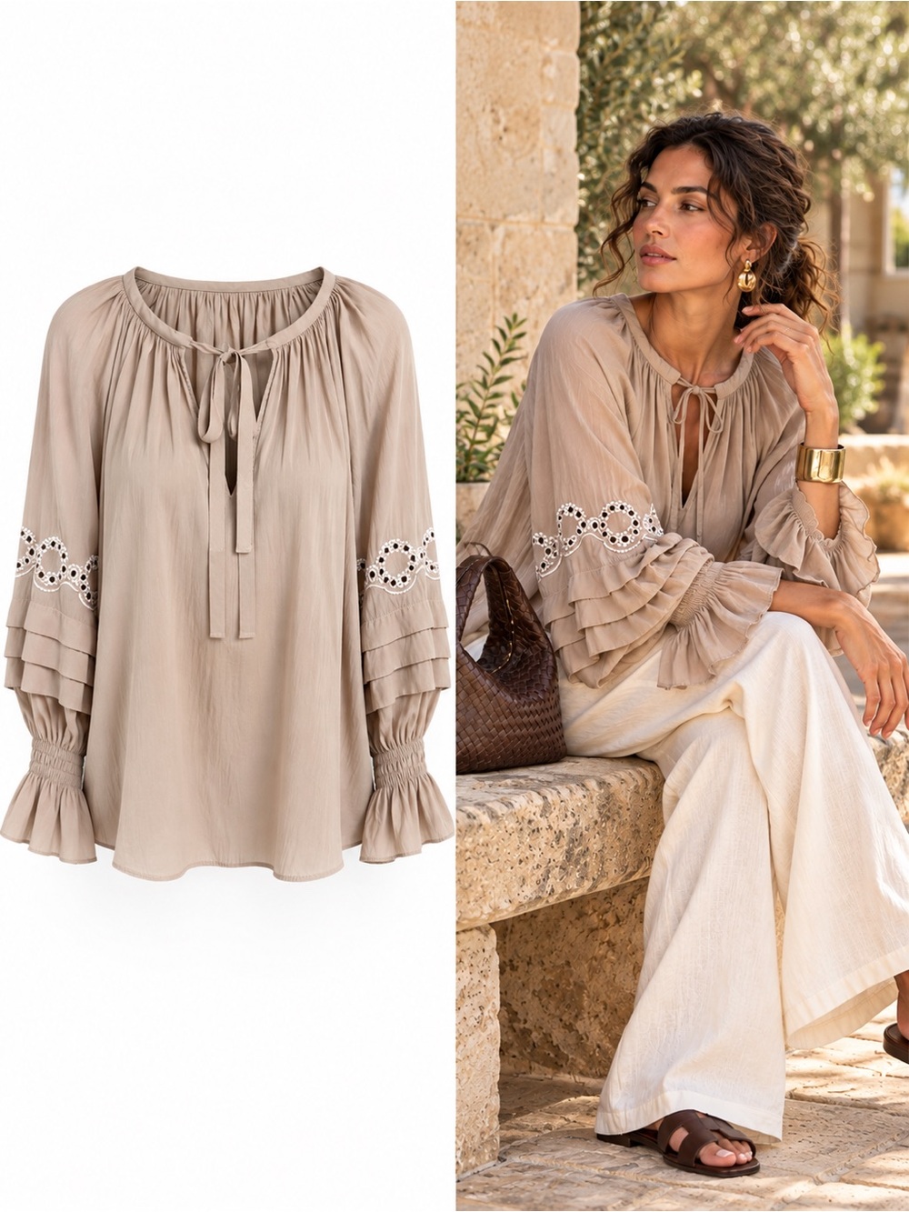 Ramy Brook Randi Flax Embellished Beaded Peasant Blouse Top Size Medium Designer